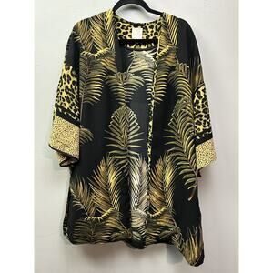 H&M Kimono Womens XS‎ Black Gold Palm Leaf Cheetah Animal Print Open Cardigan
